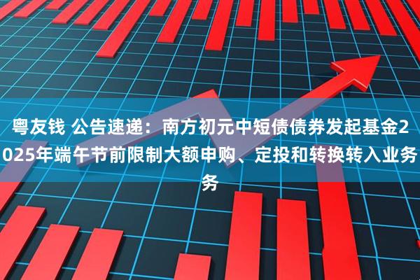 粤友钱 公告速递：南方初元中短债债券发起基金2025年端午节前限制大额申购、定投和转换转入业务